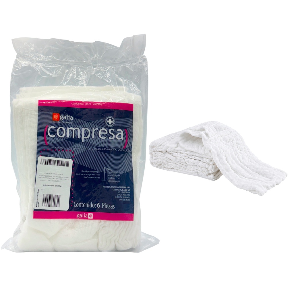 Compresa NO estéril para vientre de algodón con trama opaca a los rayos X, de 45cm X 70cm 6 piezas