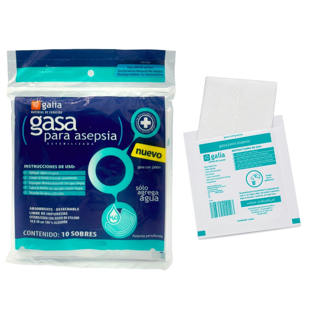 Gasa con jabon esterilizada. 10cmX10cm Para Asepsia. Bolsa con 10 sobres