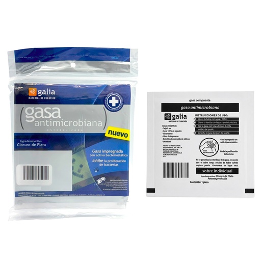 Gasa con cloruro de plata, esterilizada de 10cm x 10cm Antimicrobiana. Bolsa con 10 sobres GALIA