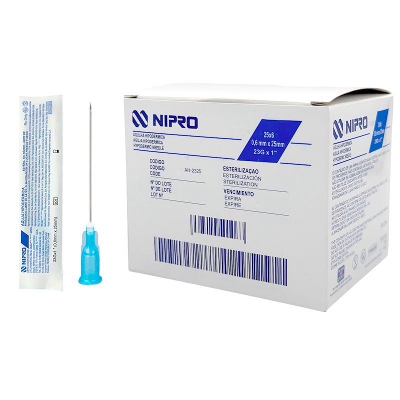 Aguja Hipodérmica 23G x 25 mm Azul NIPRO Caja con 100 Piezas 