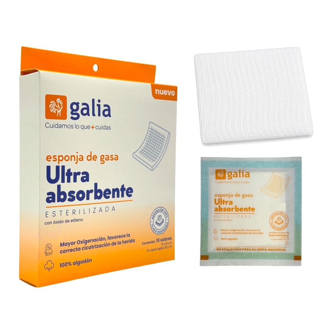 Esponja de gasa ultra absorbente esterilizada, 10 X 10 cm, 12 capas tejido 28 X 24. Caja con 10 sobres