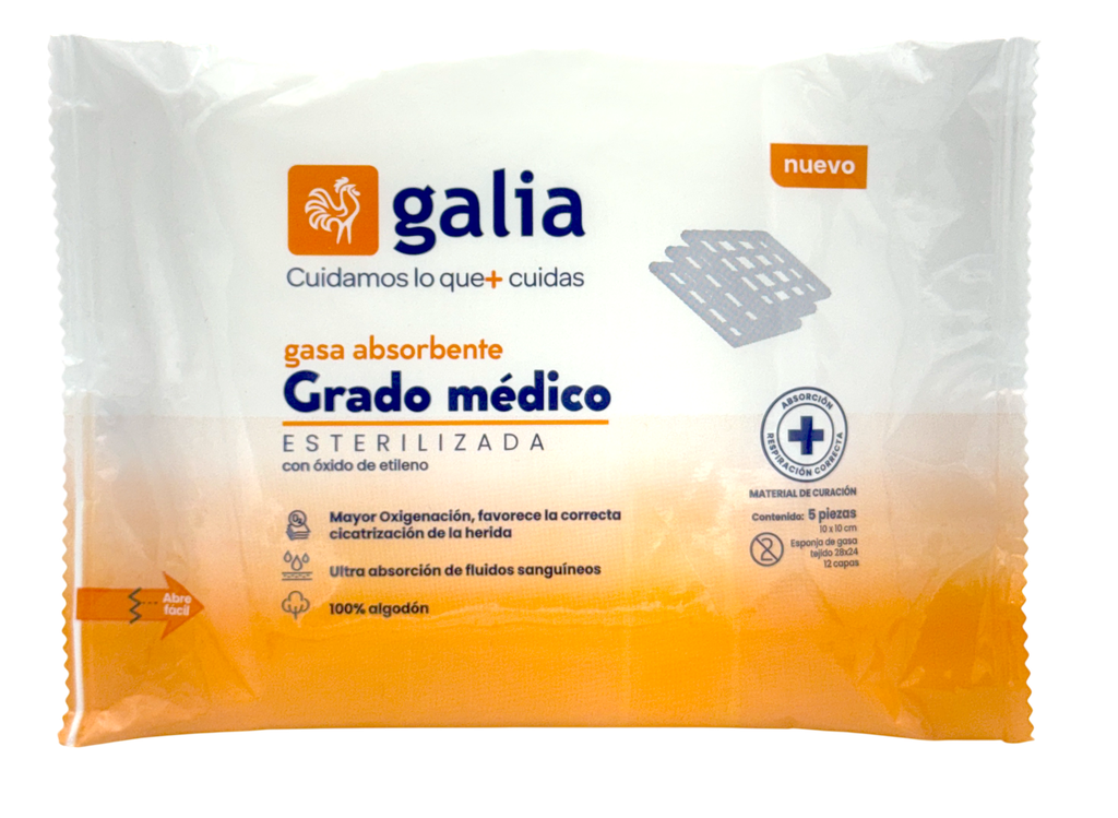 Gasa absorbente grado médico, esterilizada, 10X10 cm 12 capas Tejido 28X24. Sobre con 5 piezas.