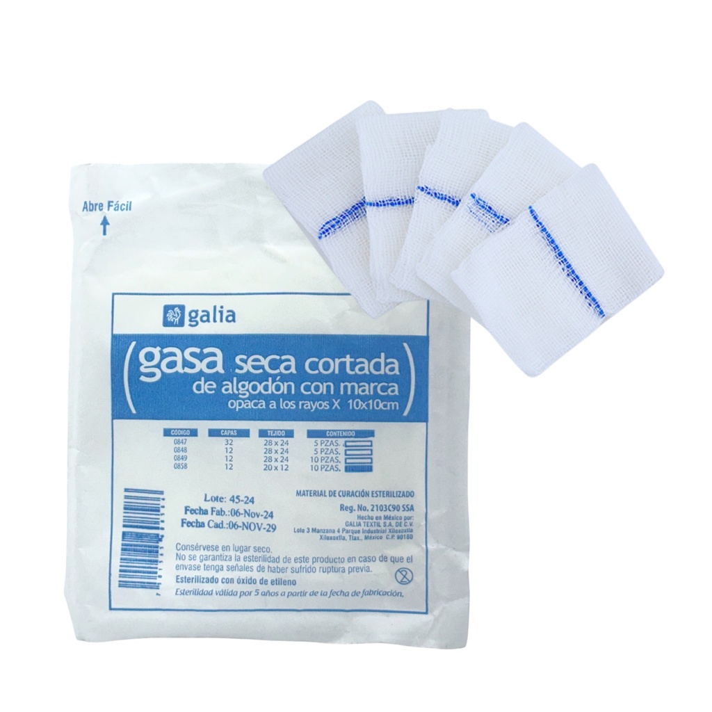 Gasa seca cortada de algodón esterilizada,10cmX10cm .Tipo VII, Tejido Plano 20X12, 12 Capas con marca opaca a los rayos X,  Blister con 10 piezas.