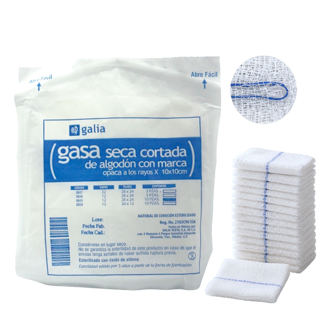 Gasa seca cortada de algodón esterilizada,10cmX10cm .Tipo III, Tejido Plano 28X24,12 Capas con marca opaca a los rayos X, Blister con 10 piezas. 