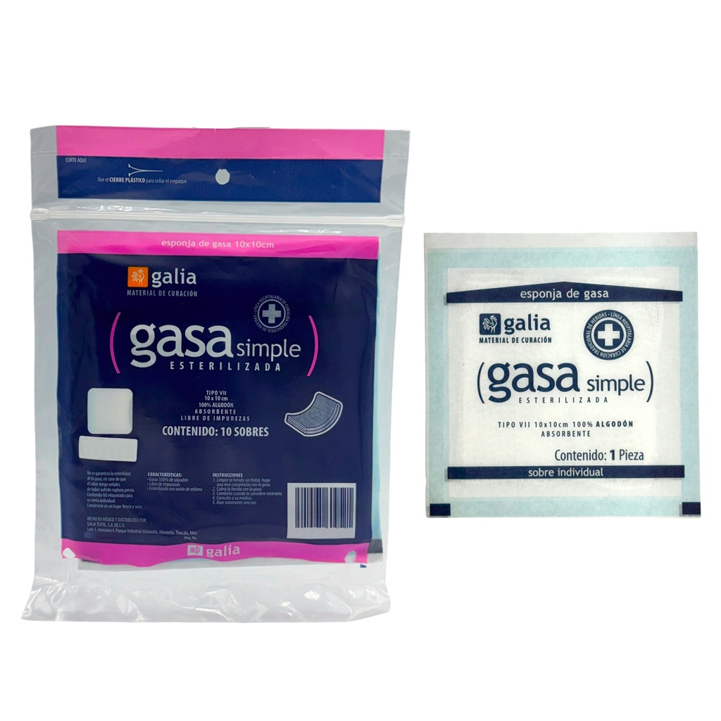 Gasa simple esterilizada 10cmX10cm, Tipo VII, 8 Capas, Tejido Plano 20X12. Bolsa con 10 sobres.