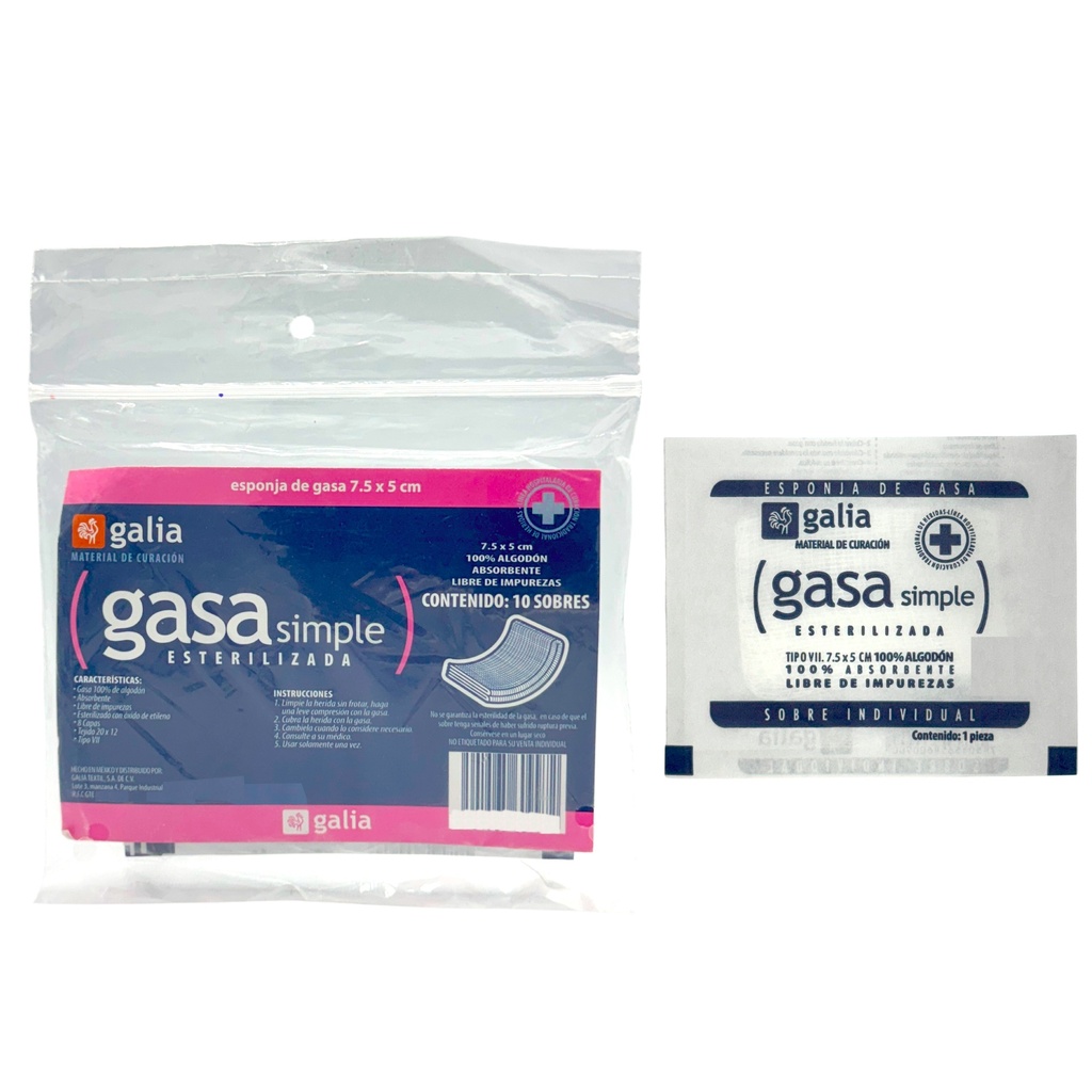 Gasa simple esterilizada 7.5cmX5cm, Tipo VII, 8 Capas, Tejido Plano 20X12. Bolsa con 10 sobres.