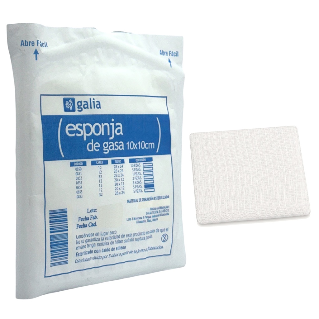 Esponja de gasa 10cmX10cm, Tipo VII, 12 Capas, Tejido Plano 20X12. Blister con 5 piezas.