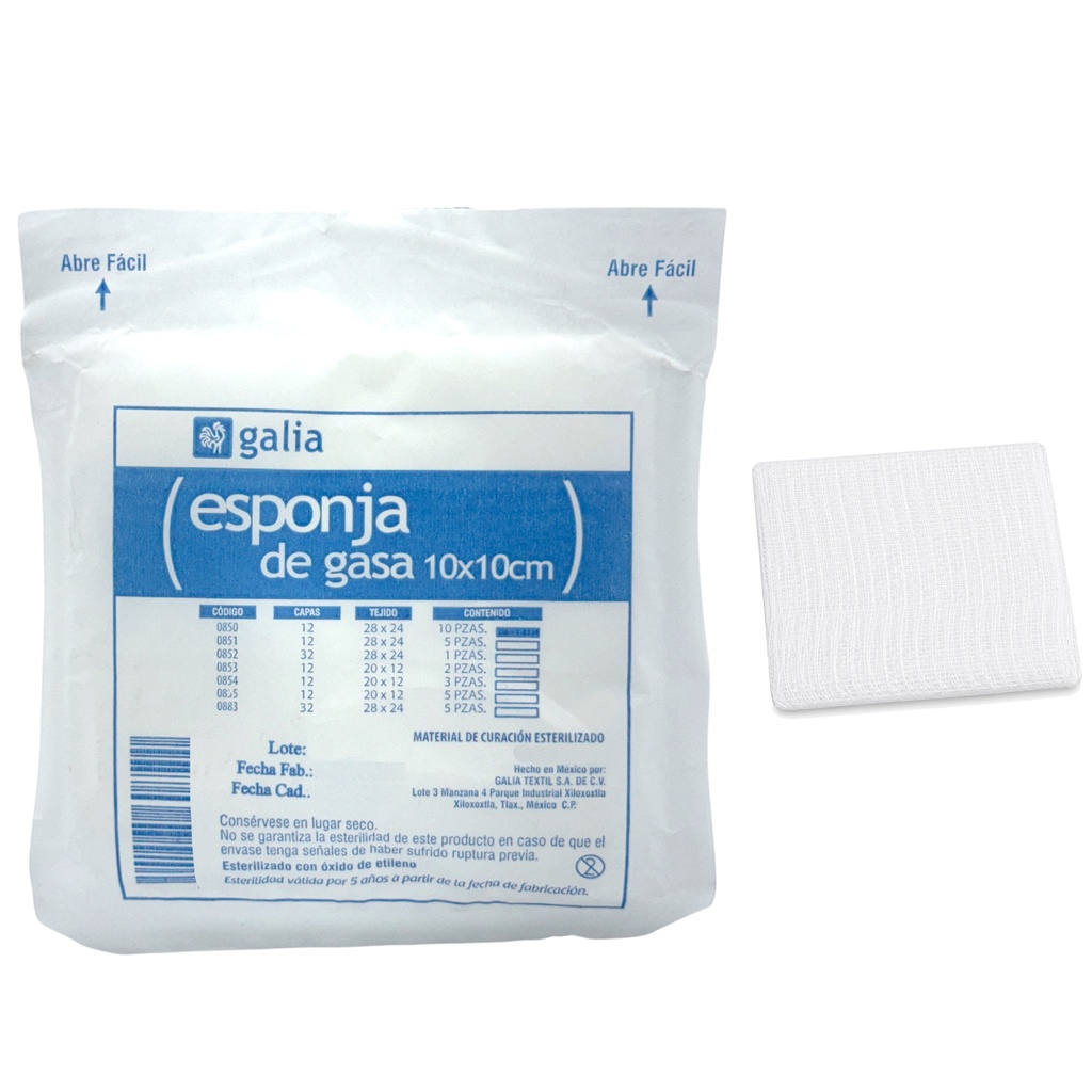 Esponja de gasa 10cmX10cm, Tipo III, 12 Capas, Tejido Plano 28X24. Blister con 10 piezas. 