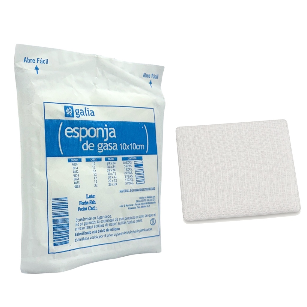 Esponja de gasa 10cmX10cm, Tipo III, 12 Capas, Tejido Plano 28X24. Blister con 5 piezas.  