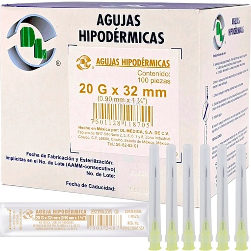 Aguja Hipodérmica DL calibre 20Gx32mm. Amarilla Caja con 100 piezas.