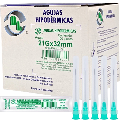 Aguja Hipodérmica DL calibre 21Gx32mm. Verde Caja con 100 piezas.