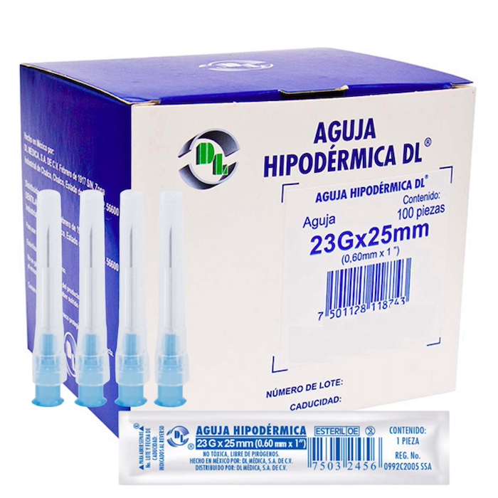 Aguja Hipodérmica DL calibre 23Gx25mm. Azul Envase con 100 piezas.