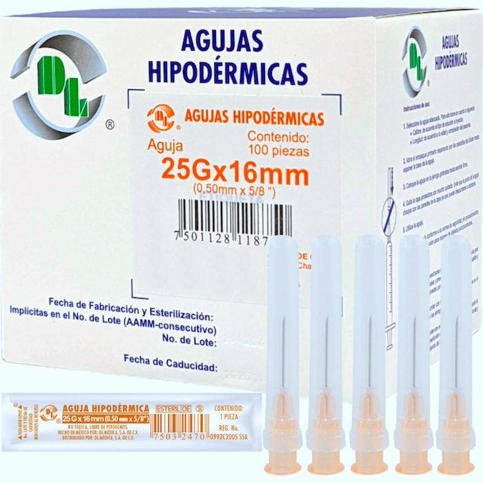 Aguja Hipodérmica DL calibre 25Gx16mm. Naranja Envase con 100 piezas.