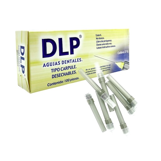 Aguja dental Tipo: carpule calibre 27 larga. Caja con 100 piezas