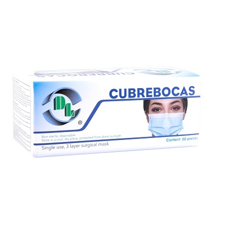 Cubrebocas triple plizado con ajuste nasal. Caja con 50 Piezas