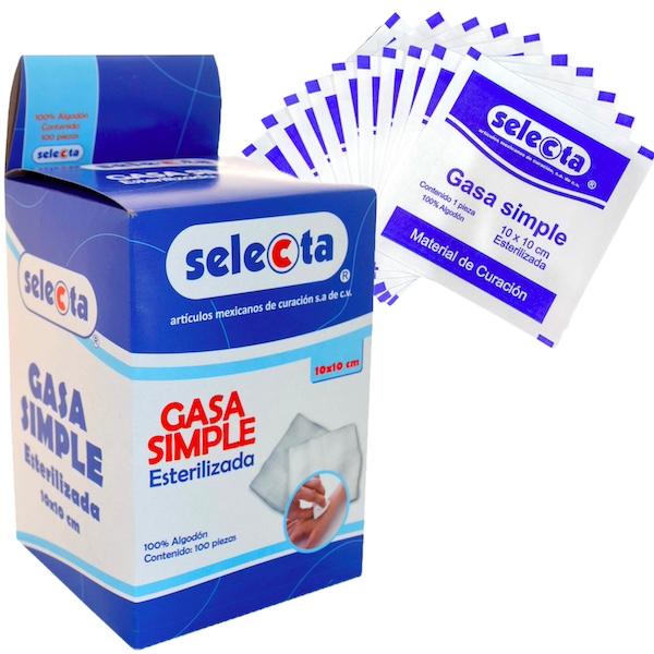 Gasa estéril 10cm x 10cm de 8 capas. Caja con 100 sobres.