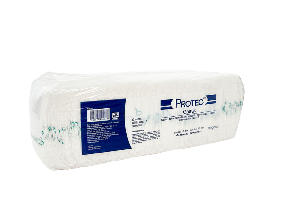 Gasa seca cortada no estéril 10 x 10 cm con marca radiopaca. 200 piezas PROTEC