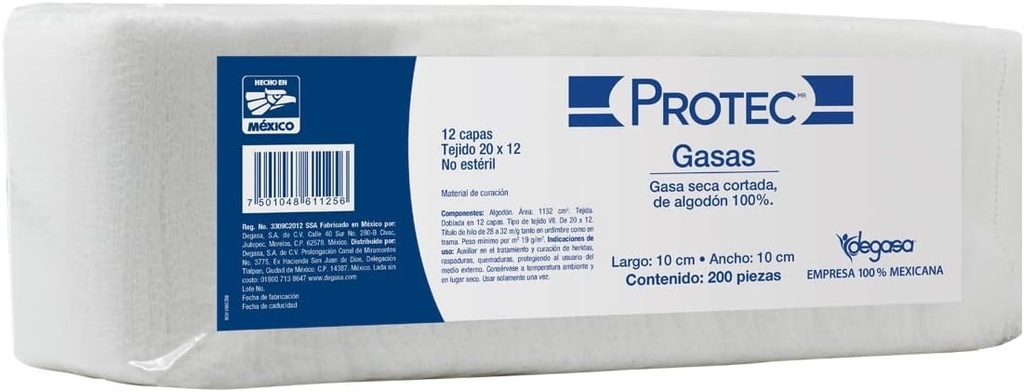 Gasa seca cortada no estéril 10x10 sin marca radiopaca. 200 piezas