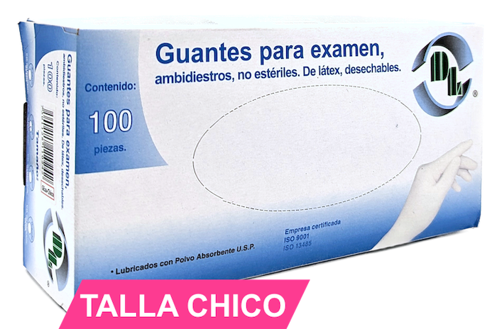 Guantes de látex no estériles para exámen médico. Tamaño Chico. Caja con 100 piezas.