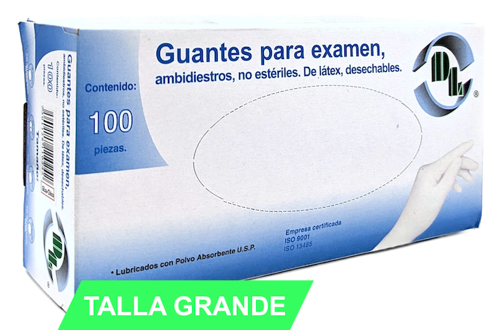 Guantes de látex no estériles para exámen médico. Tamaño Grande. Caja con 100 piezas.