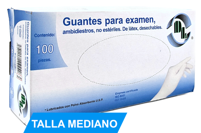 Guantes de látex no estériles para exámen médico. Tamaño Mediano. Caja con 100 piezas.