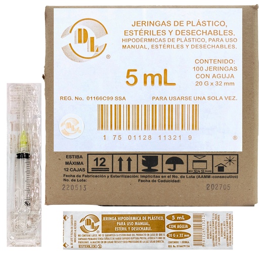 Jeringa de plástico 5 ml con aguja 20×32. Caja con 100 piezas