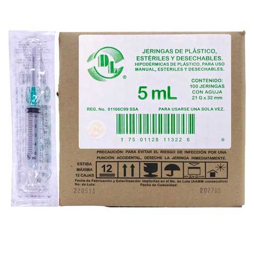 Jeringa de plástico 5 ml con aguja 21×32. Caja con 100 piezas