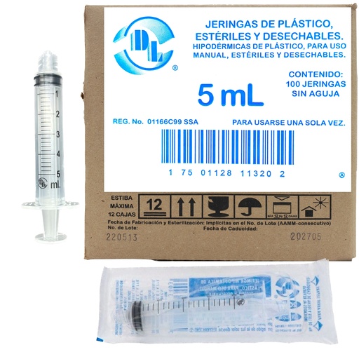 Jeringa de plástico 5 ml sin aguja. Caja con 100 piezas