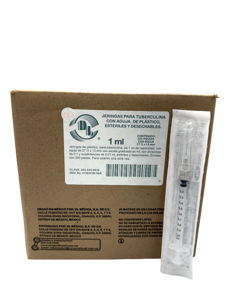 Jeringa de plástico de 1 ml con aguja 27G × 13mm para aplicación de tuberculina. Caja con 200 piezas