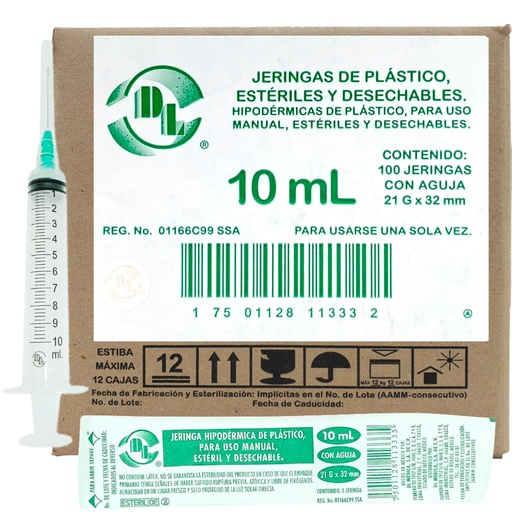 Jeringa de plástico de 10 ml con aguja 21×32. Caja con 100