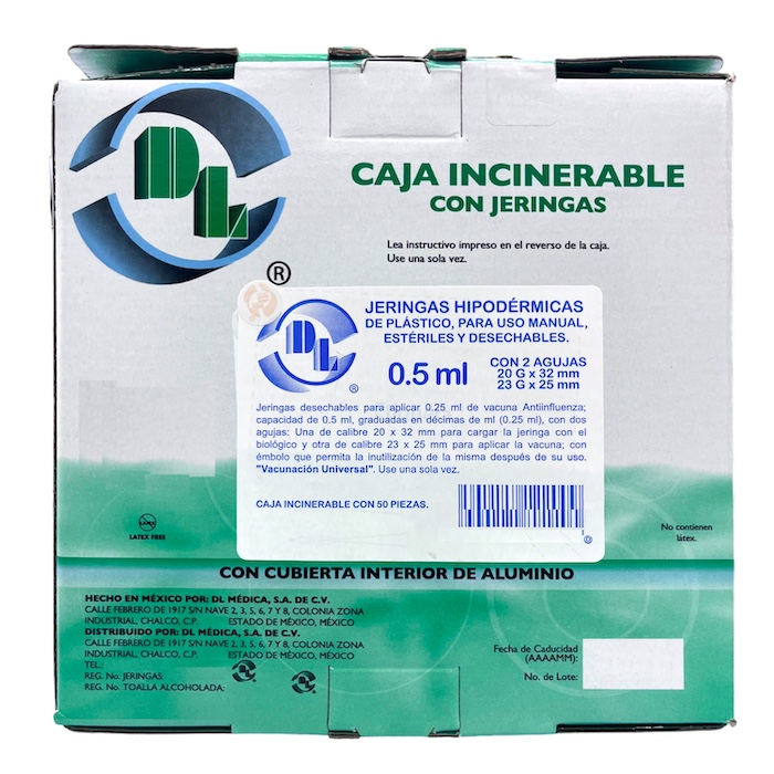 Jeringa desechable para aplicar 0.5 ml. de vacuna anti-influenza 20G x 32mm y 23G x 25mm. Caja incinerable con 50 piezas. Caja con 50 Piezas.