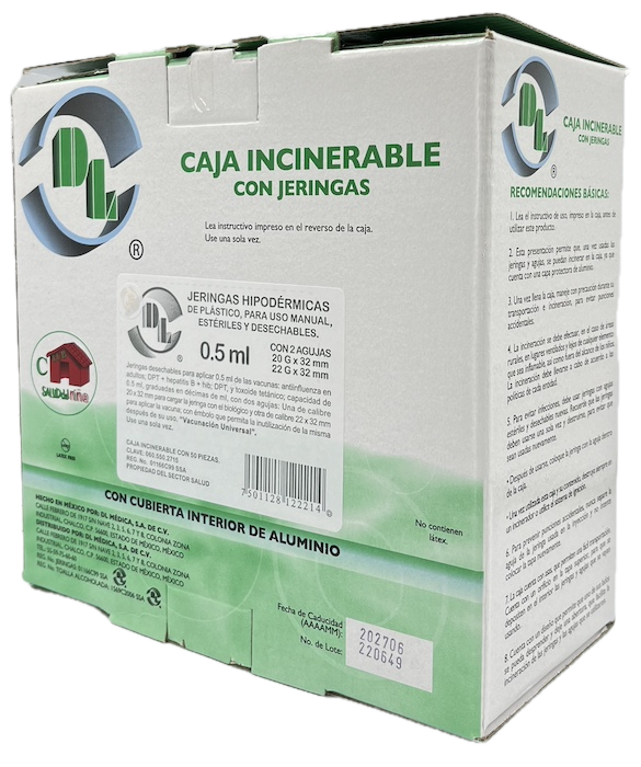 Jeringa desechable para aplicar 0.5 ml. de vacuna anti-influenza. Caja incinerable con 50 piezas. Caja con 50 Piezas.