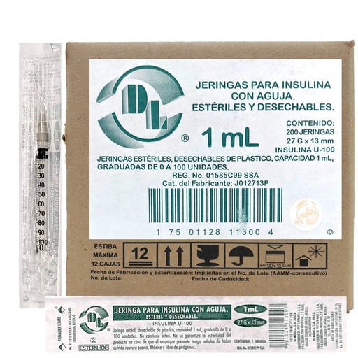 Jeringa para insulina 1 ml. con aguja calibre 27 G x 13 mm Caja con 200 piezas