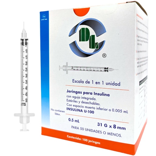 Jeringa unibody para insulina 0.5 ml. con aguja calibre 31x08 caja con 100 piezas