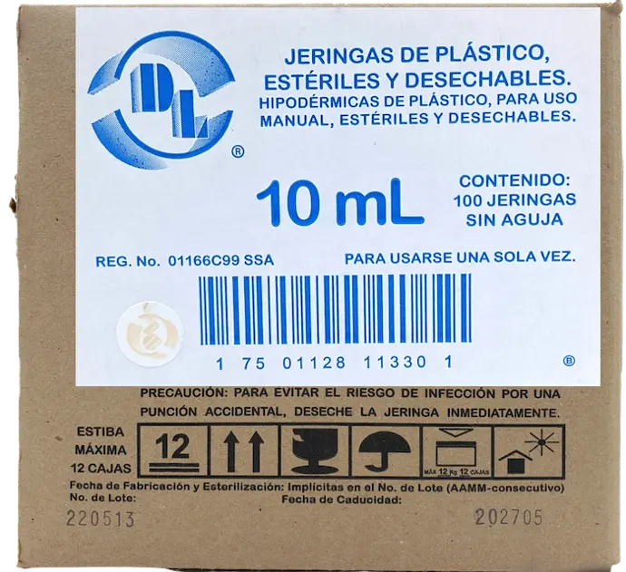 Jeringas 10 ml sin aguja. Caja con 100 piezas.