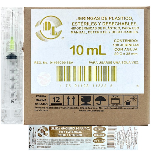 Jeringas de plástico 10 ml con aguja 20G ×38 mm Caja con 100 piezas.