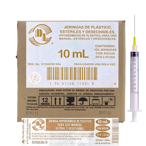 Jeringas de plástico 10 ml con aguja 20×32 caja con 100 piezas.