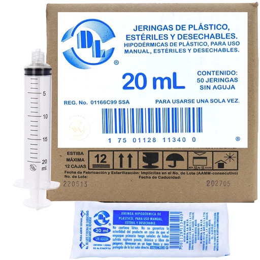 Jeringas de plástico 20 ml sin aguja, caja con 50 piezas.