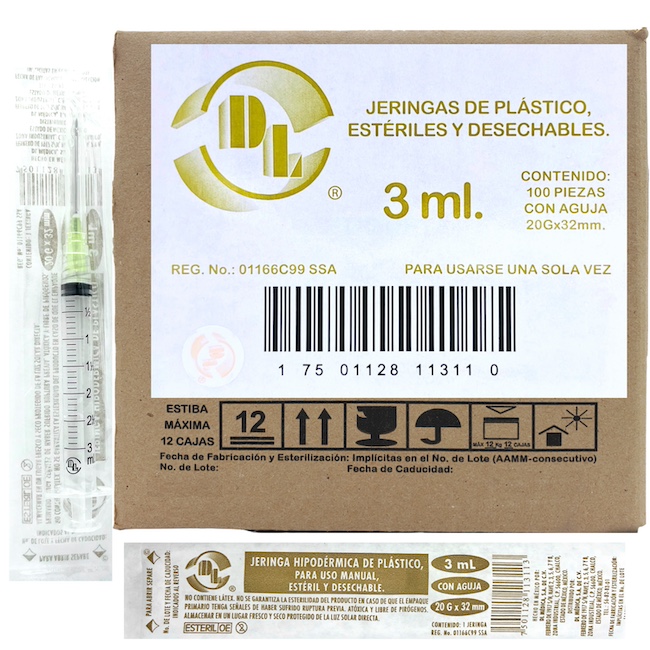 Jeringas de plástico 3 ml con aguja calibre 20 G x 32mm. Caja con 100 piezas.
