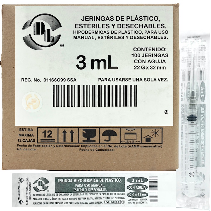 Jeringas de plástico 3 ml con aguja calibre 22 G x 32mm. Caja con 100 piezas.