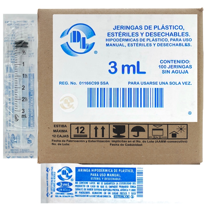 Jeringas de plástico 3 ml sin aguja. Caja con 100 piezas.