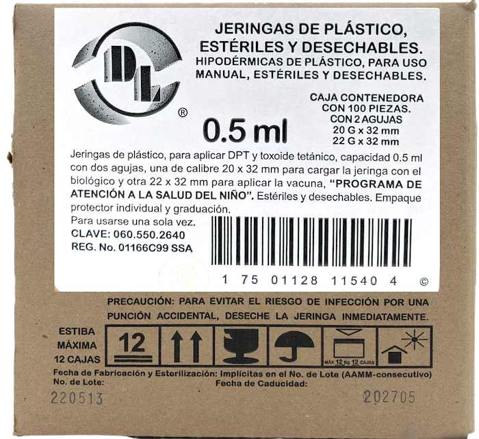 Jeringas de plástico para aplicar DPT 0.5 ml con dos agujas. Caja con 100 piezas