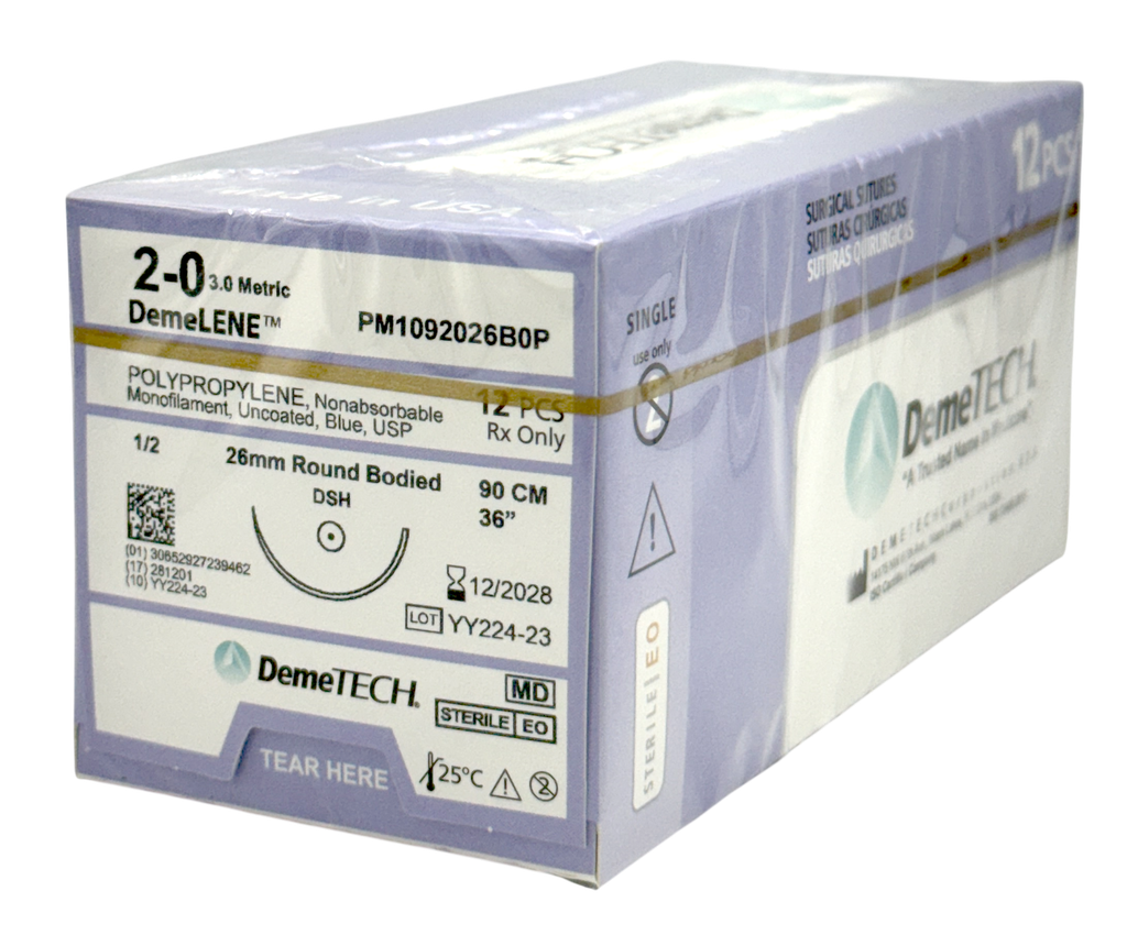 Sutura Sintética no absorbibles de monofilamento de
polipropileno 2-0 con aguja 1/2 círculo doble
armado ahusada. Caja con 12