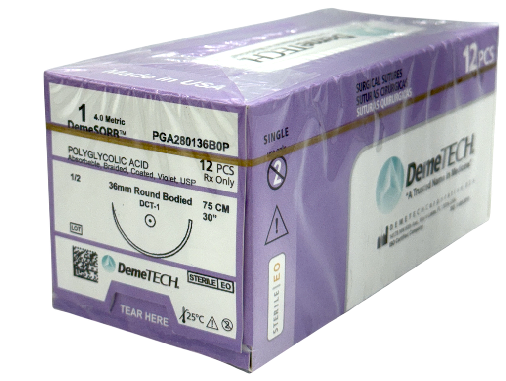 Sutura Sintética absorbible polímero de ácido glicólico trenzado 1 hebra 75 cm. Con aguja 1/2 círculo ahusada 36 mm. Caja con 12.