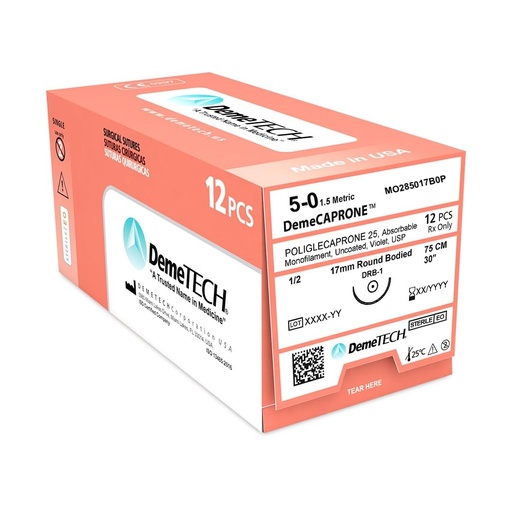 Sutura Poliglecaprone 25 5-0 aguja Ahusada 17 mm 1/2 circulo hebra de 75 cm color  Violeta. Caja con 12