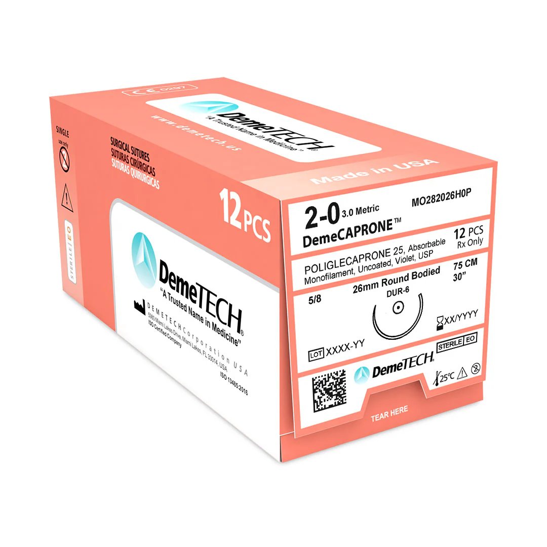 Sutura Poliglecaprone 2-0 aguja Ahusada 26 mm 1/2 circulo hebra de 75 cm color Violeta. Caja con 12