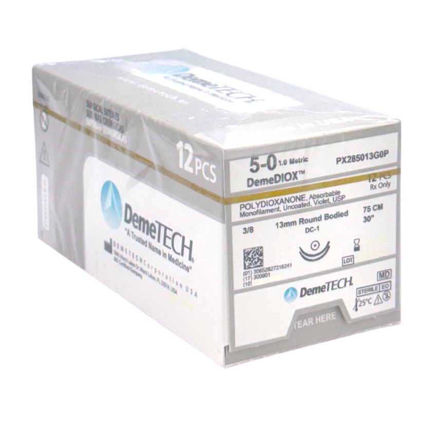 Sutura Polidioxanona 5-0 aguja Ahusada 13 mm 3/8 círculo doble armado hebra de 75 cm color Violeta. Caja con 12