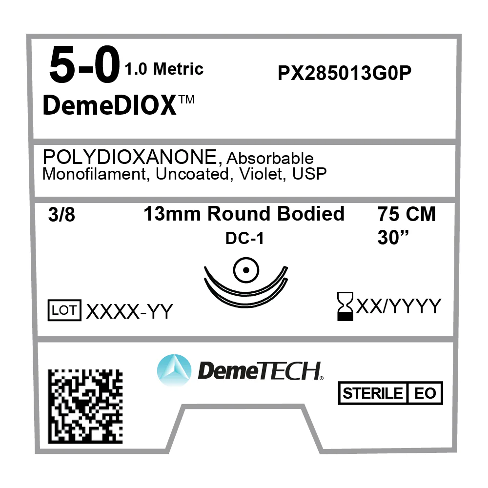 Sutura Polidioxanona 5-0 aguja Ahusada 13 mm 3/8 círculo doble armado hebra de 75 cm color Violeta. Caja con 12