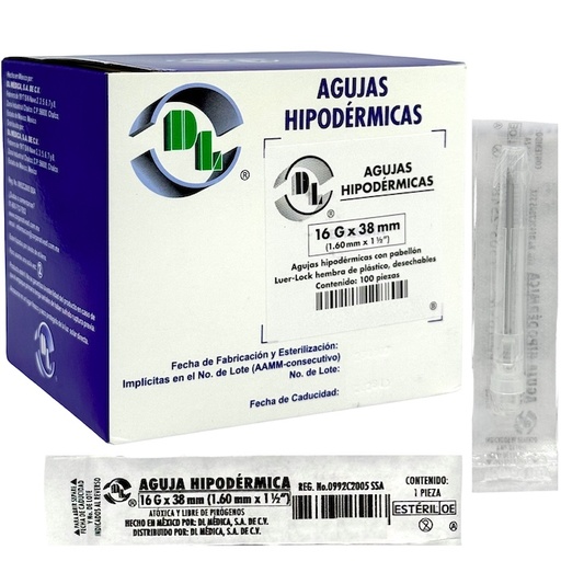 [AGH16X38] Aguja Hipodérmica DL calibre 16Gx38mm Blanca Caja con 100 piezas. 