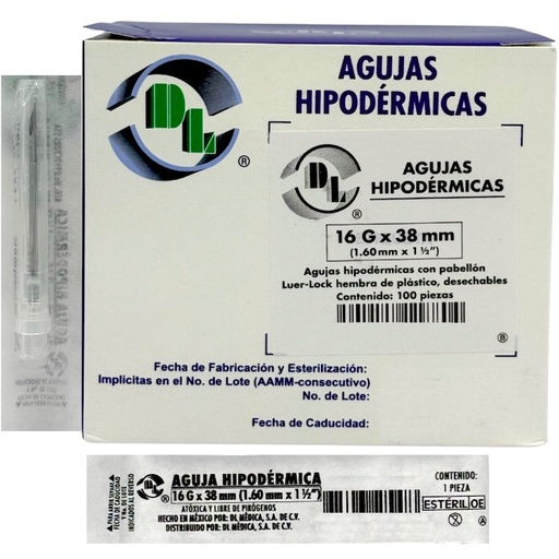 [AGH16X38] Aguja Hipodérmica DL calibre 16Gx38mm Blanca Caja con 100 piezas. 